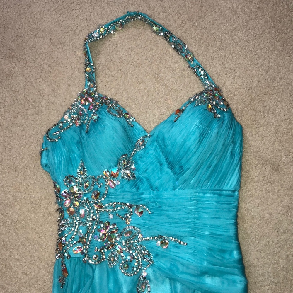 Halter strap aqua prom dress